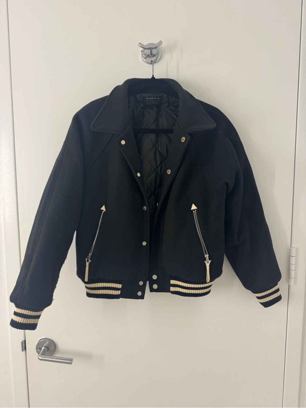 Richie Le Black Quilted-Lined Varsity Jacket with Stripe Trim